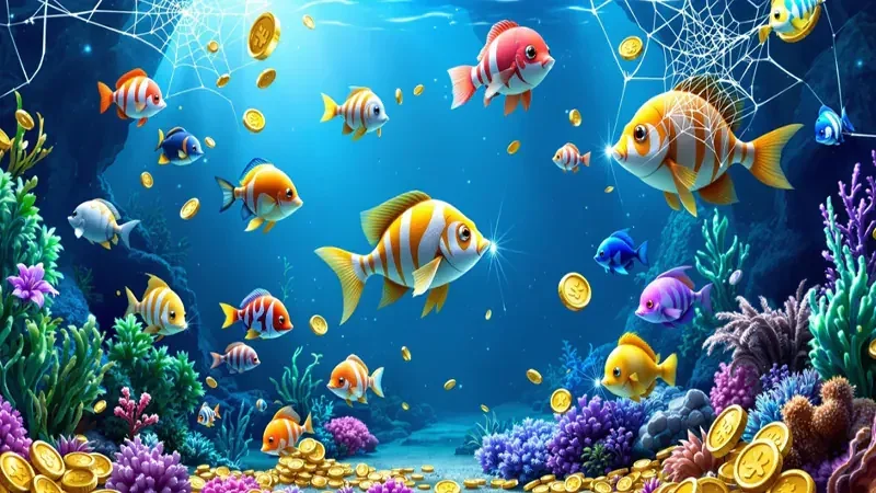 Adegan sasaran ikan dan efek tembakan dalam permainan arcade