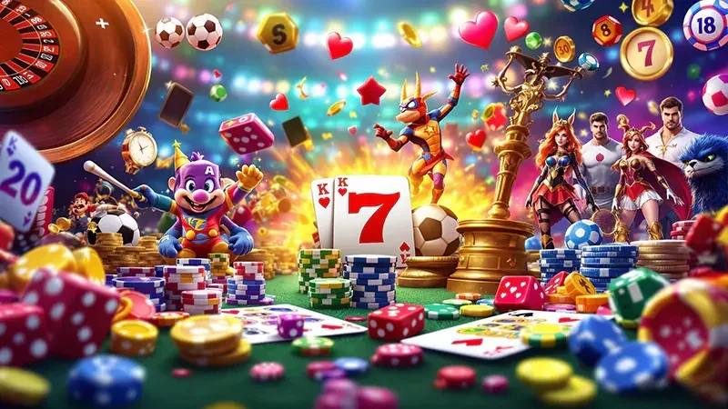 Ilustrasi permainan slot bertema dengan gulungan dan simbol warna-warni